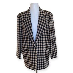 Vintage 80s Wool Checkered Blazer Oversized Beige Black Preppy Westbound size 12